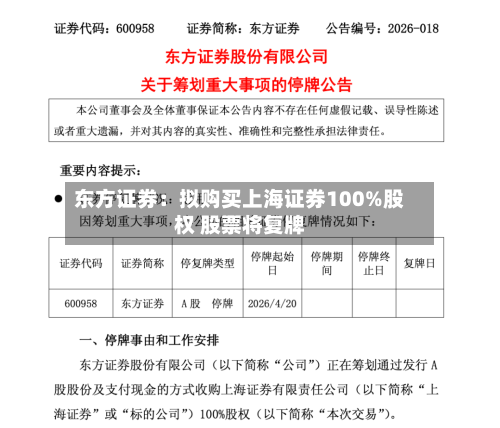 东方证券：拟购买上海证券100%股权 股票将复牌